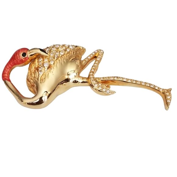 Swarovski Coral Color Enamel Clear Rhinestone Flamingo Brooch Pin M359 - Picture 4 of 10